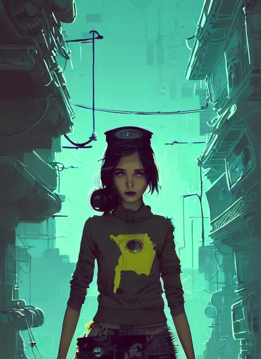 Image similar to highly detailed portrait of a sewer punk young lady by atey ghailan, james gilleard, by joe fenton, by greg rutkowski, by greg tocchini, by kaethe butcher, 4 k resolution, gradient yellow, black, brown and cyan color scheme, grunge aesthetic!!! ( ( dystopian graffiti tag wall in background ) )