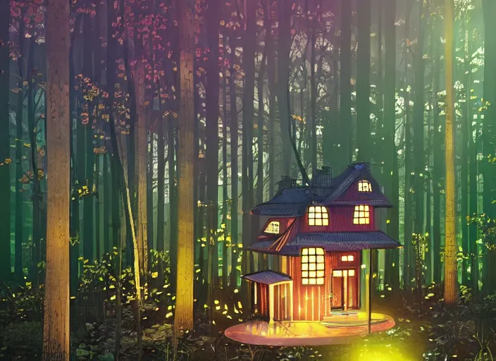 Prompt: house in a clearing in the middle of the forest, beautifully lit, steampunk, by chiho aoshima