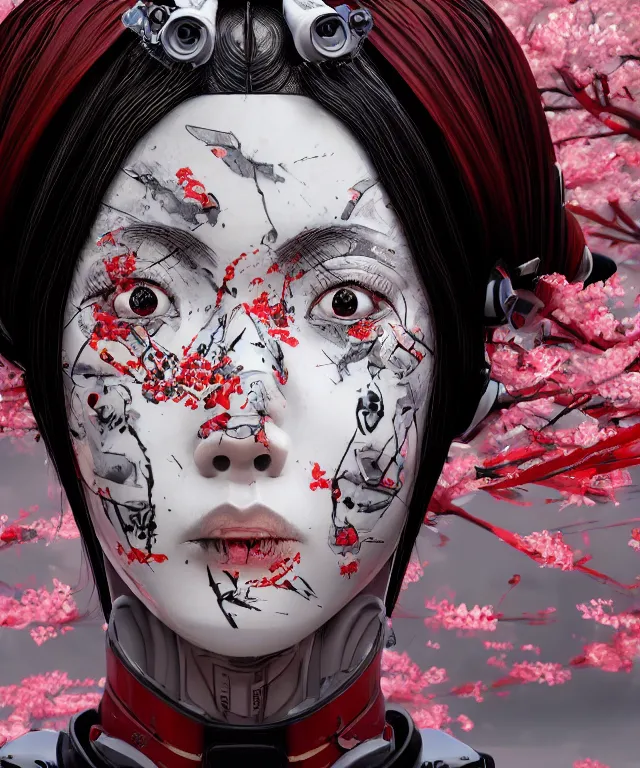 Image similar to an epic fantastic realism comic book style portrait painting of a japanese robotic geisha with kanji tattoos and decals, cherry blossom rain everywhere, apex legends, octane render, intricate detail, 4 k hd, unreal engine 5