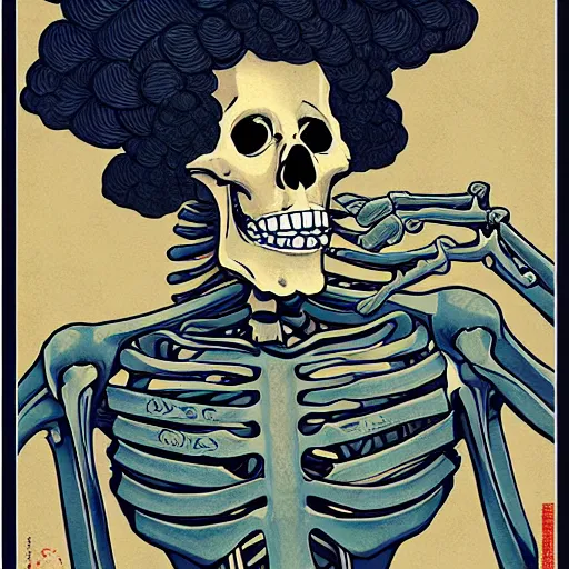 Image similar to a skeleton with an open jaw and an afro, digital art, ukiyo - e, trending on artstation,