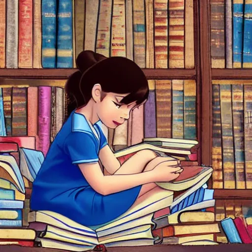 Image similar to a little girl with short wavy brown hair and blue eyes sits cross legged on top of a pile of books reading a book in a still from a disney movie. beautiful disney cartoon character art, high quality, detailed face