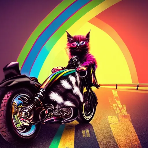 Image similar to wide angle full body, jacket wearing fluffy cute rainbow kitten wearing a black leather motorcycle jacket, riding on a motorcycle, cinematic concept art