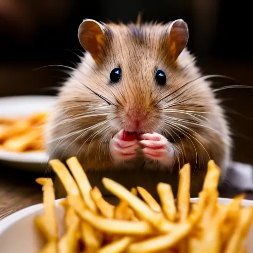 Image similar to detailed photo of a hamster eating fries, fancy restaurant, various poses, full body, unedited, soft light, dof 8 k