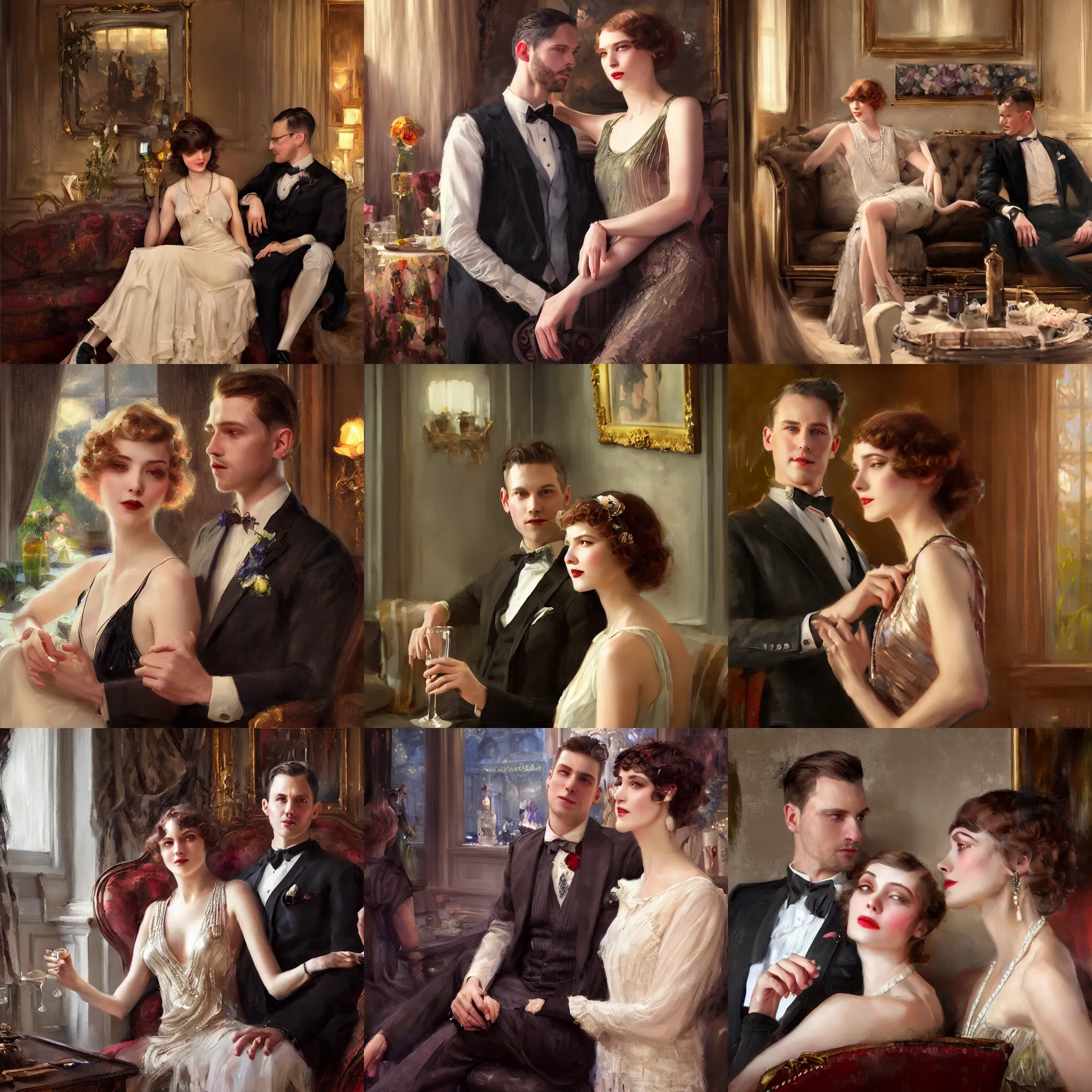 Prompt: daniel gerhartz and wlop detailed artstation portrait digital painting of a 1 9 2 0 s beautiful couple at a party in a mansion, mansion interior in the background, unreal engine, hyper realism, realistic shading, cinematic composition, blender render, octane render, hdr, detailed textures, photorealistic, 3 5 mm film