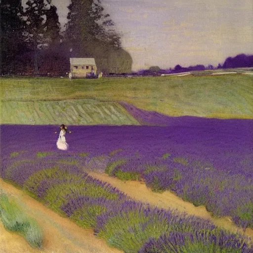 Prompt: painting of lavender field, highly detailed, beautiful lighting, tiny house in background by james abbott mcneill whistler