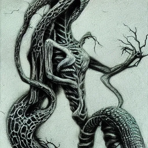 Image similar to grunge drawing of a snake by - Zdzisław Beksiński , corpse bride style, horror themed, detailed, elegant, intricate