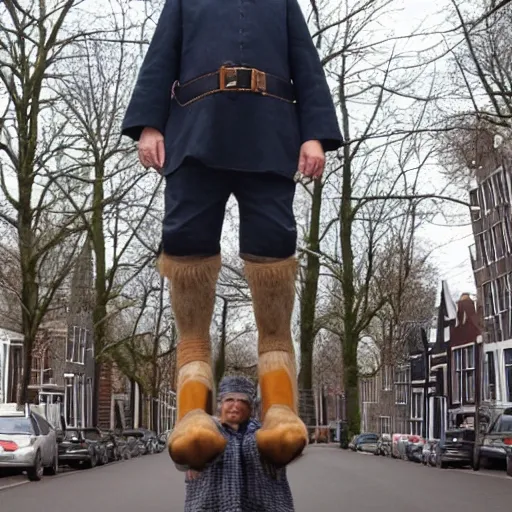 Prompt: traditional dutch man wearing cloggs 10 meters tall