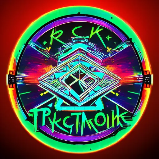 Image similar to sticker of a rock band, name is tripmachine, on the sticker is a 3 d render of a huge futuristic steampunk generator with music instruments, 8 k, fluorescent colors, halluzinogenic, multicolored, exaggerated detailed, silk screen art