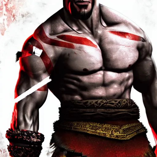 Prompt: The Rock as Kratos, with a background based on the game God of War, detailed face