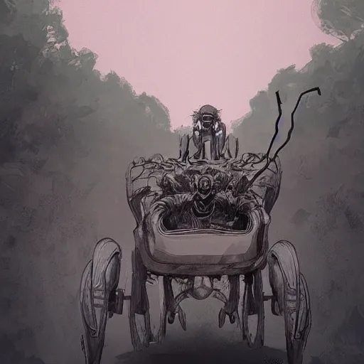 Image similar to The drawing features a human figure driving a chariot. The figure is skeletal and frail, with a large head and eyes. The chariot is pulled by two animals, which are also skeletal and frail. in the Central African Republic by Atey Ghailan unified