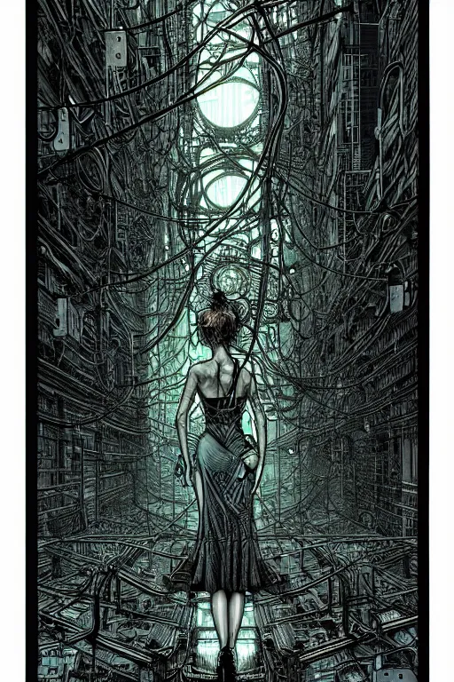 Image similar to dreamy cyberpunk girl, wires and electricity, beautiful, epic grunge, intricate complexity, by dan mumford and by alberto giacometti, arthur rackham