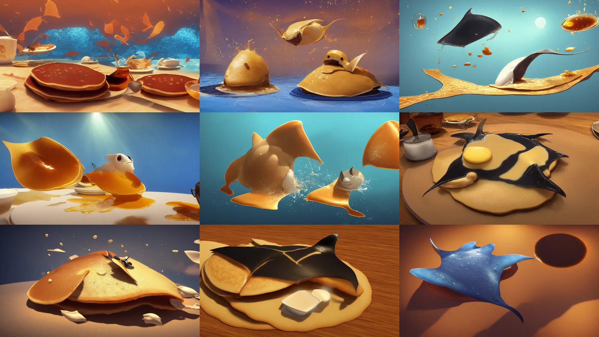 Prompt: a pancake manta ray swimming in maple syrup, cute, 4 k, 8 k, maple syrup fluid, fantasy food world, living food adorable pancake, golden brown atmospheric ray traced lighting, detailed award - winning beautiful lighting composition 3 d octane render, by salvador dali, studio ghibli