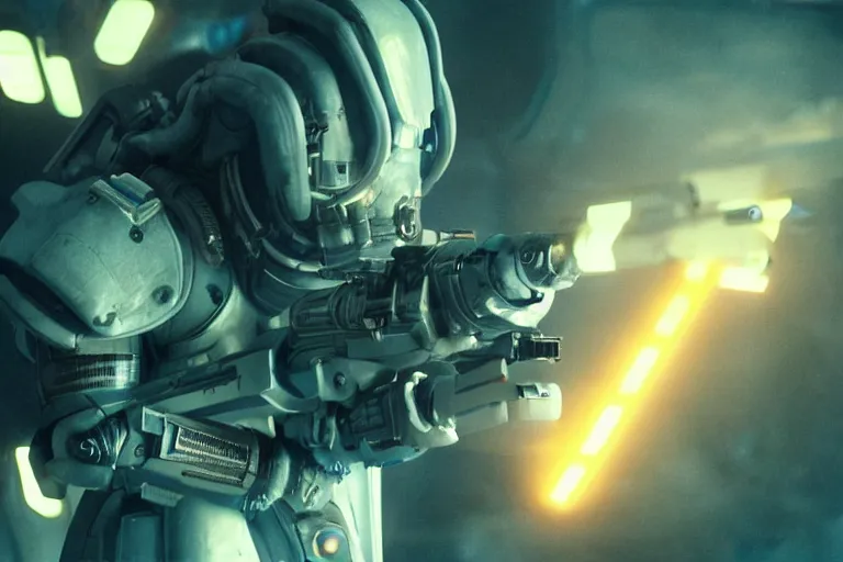 Image similar to VFX movie closeup of a futuristic inhuman alien spacemarines in future spaceship, firing gun at space pirates detailed creature skin neon lighting by Emmanuel Lubezki