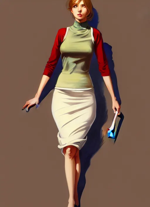 Image similar to portrait of a full body of beautiful young female secretary, d & d, sleeveless turtleneck, pencil skirt, fantasy, flat lighting, intricate, highly detailed, digital painting, artstation, concept art, smooth, sharp focus, illustration, art by simon bisley and greg rutkowski and alphonse mucha, natural tpose