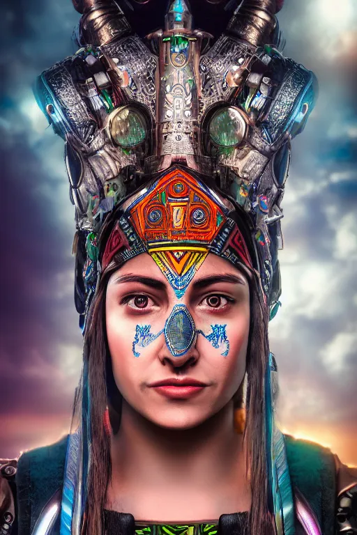 Prompt: portrait photo of female magical aztec warrior as a cyberpunk cyborg head - realistic and detailed, hdr 8 k