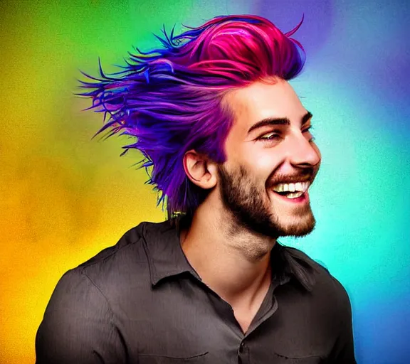Image similar to beautiful young man smiling running his hand through his hair, digital art, colourful, digital art, seductive.