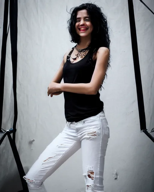 Image similar to a half body photo of a beautiful Young female with long disheveled black hair, beautiful and smiling, sweet looks, white skin and reflective eyes, black tank top, black leather shiny jeans, an ankh necklace white colors in the background, 500px photos, top cinematic lighting , cinematic mood, very detailed, shot in canon 50mm f/1.2
