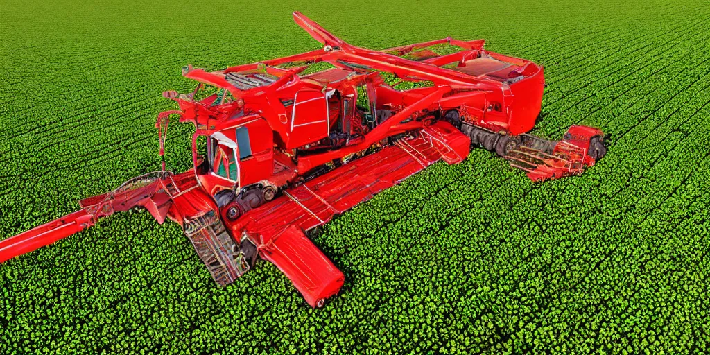 Image similar to A giant red harvester working in the corn field, aerial view, photo realistic image, 4K, super detailed, golden hour look