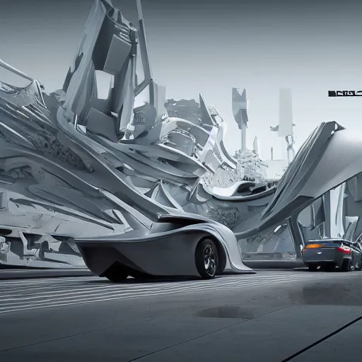 Image similar to sci-fi cars trucks motorcycles 50% of canvas in center and wall near structure on the coronation of napoleon and digital billboard photogrammetry point cloud in the middle and everything in style of zaha hadid and suprematism forms unreal engine 5 keyshot octane artstation trending blade runner 2049 colors lighting ultra high detail ultra photo realistic 8k 16k in plastic dark tilt shift