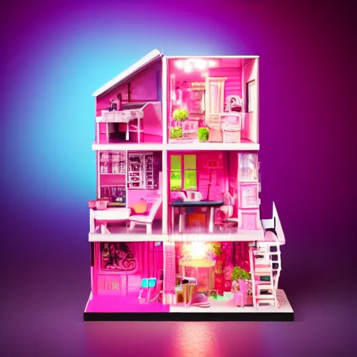 Image similar to a cute pink cyberpunk tiny doll house, barbie house by mattel, cute little garden, octane rendered, led lighting, 4 k