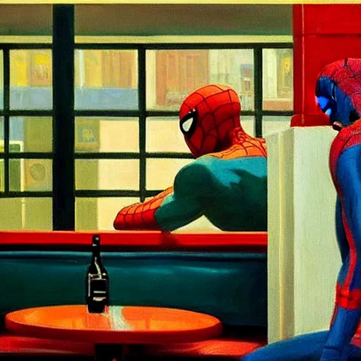 Prompt: spiderman sitting down in a diner. Painted oil on canvas. In the style of Nighthawks 1942 Painting by Edward Hopper