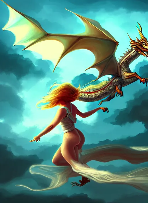 Image similar to painting of a girl flying on a dragon in a fantasy world, digital painting, hd, illustration, art by tokenin, trending