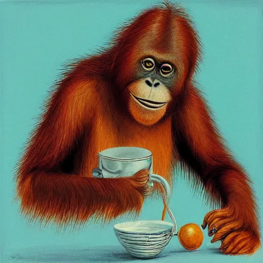 Prompt: a tired looking red - eyed orangutan making coffee in the morning by louis wain, digital art, detailed