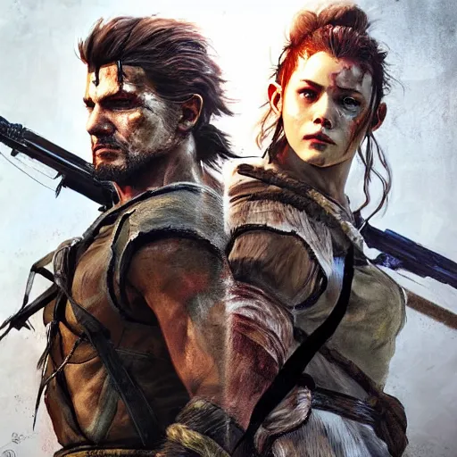 Prompt: solid snake and aloy standing back to back, posing, medium shot, natural lighting, digital art, illustration, highly detailed, by ruan jia