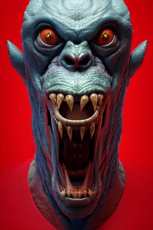 Image similar to a portrait of a monster by neville page, ken barthelmey, carlos huante and doug chiang, sharp focus, trending on artstation, hyper realism, octane render, 8 k, hyper detailed, ultra detailed, highly detailed, zbrush, concept art, creature design