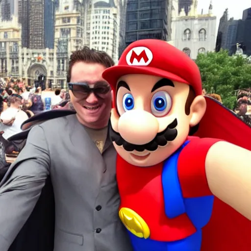 Prompt: batman happy to take a selfie with mario