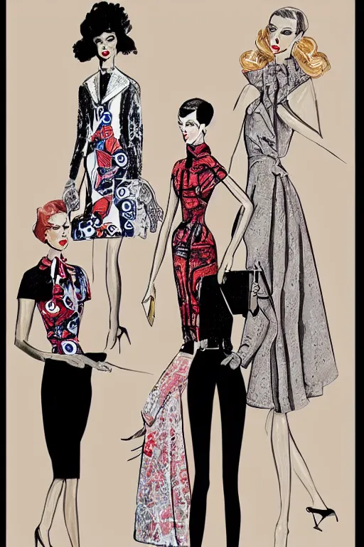 Image similar to a detailed high fashion illustration of a mid century outfit