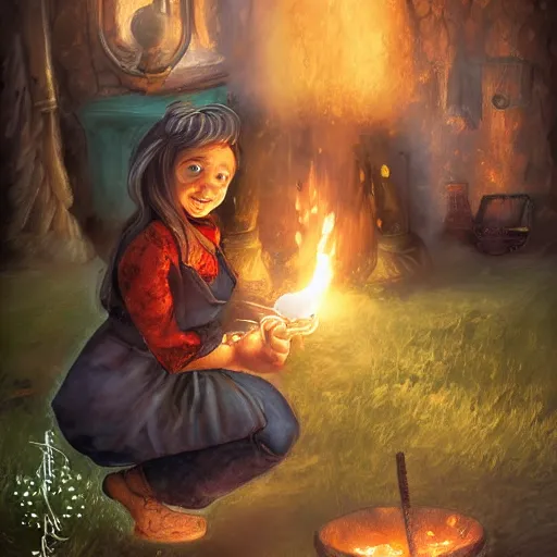 Image similar to the blacksmits’ daughter, working in the forge, a smile at her face, fantasy art in the style of Lilia Alvarado,