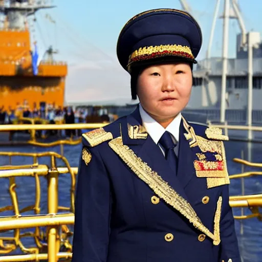 Image similar to Young Mongolian female Navy Admiral wearing a mess jacket, white waistcoat, gold-laced trousers, and a peaked cap, on the deck of a ship