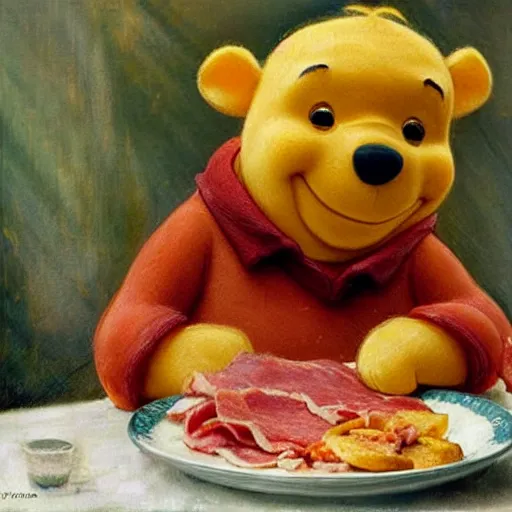 Image similar to close up of winnie the pooh with a plate of sausage and bacon and ham hock, cinematographic shot, by daniel f. gerhartz