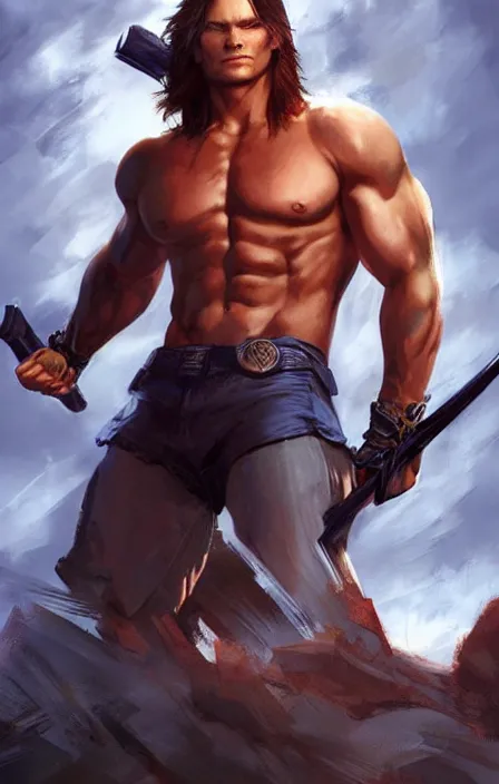 Image similar to pretty muscular sam winchester as a character in a final fantasy art design, character concept, sharp focus!, ultra detailed, art by artgerm and peter andrew jones, wlop