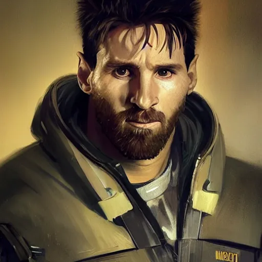 Image similar to portrait of lionel messi by greg rutkowski, mech suit, messy blond hair, beard, tall and muscular, star wars expanded universe, he is about 3 0 years old, wearing a flying jacket, distrustful and arrogant, highly detailed portrait, digital painting, artstation, concept art, smooth, sharp foccus ilustration, artstation hq