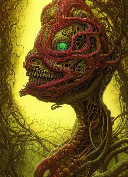 Prompt: lsd hippie poster art lovecraft horror machine glowing reptile eyes, plants and trees, elegant, highly detailed, centered, digital painting, artstation, concept art, smooth, sharp focus, illustration, artgerm, tomasz alen kopera, peter mohrbacher, donato giancola, joseph christian leyendecker, wlop, frank frazetta