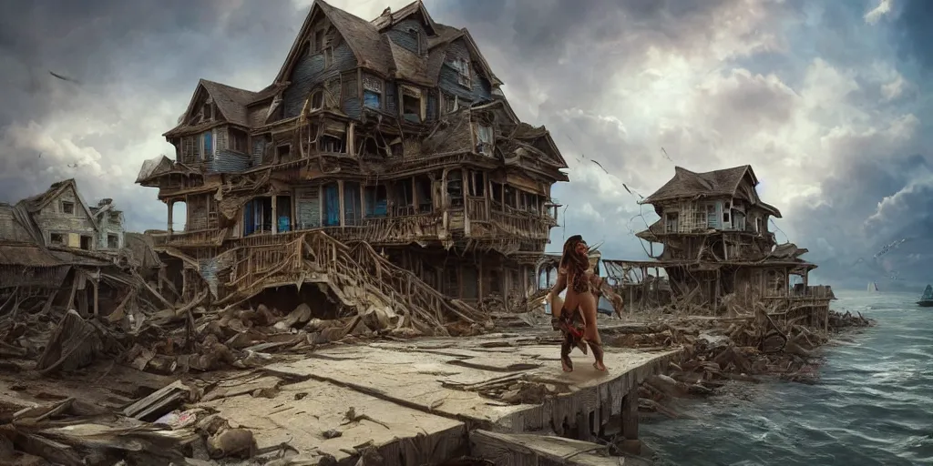 Image similar to a hyperrealistic render of dilapidated houses on stilts half collapsed on the sea shore, outdoor, art by Artgerm and Greg Rutkowski and Alphonse Mucha, hearthstone art style, epic fantasty card game art, Beautiful dynamic dramatic moody lighting, shadows, cinematic, Octane, 8K