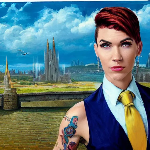 Prompt: portrait of Ruby Rose with messy spiked auburn hair and pointed ears and dressed in a blue men's suit with a yellow tie, standing on a stone bridge with a fantasy city of tall stone towers in the background, oil painting by Alex Ross