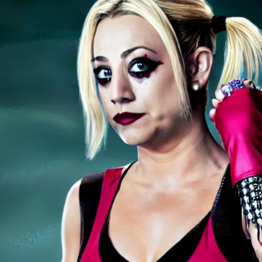 Image similar to A still of Kaley Cuoco as Harley Quinn