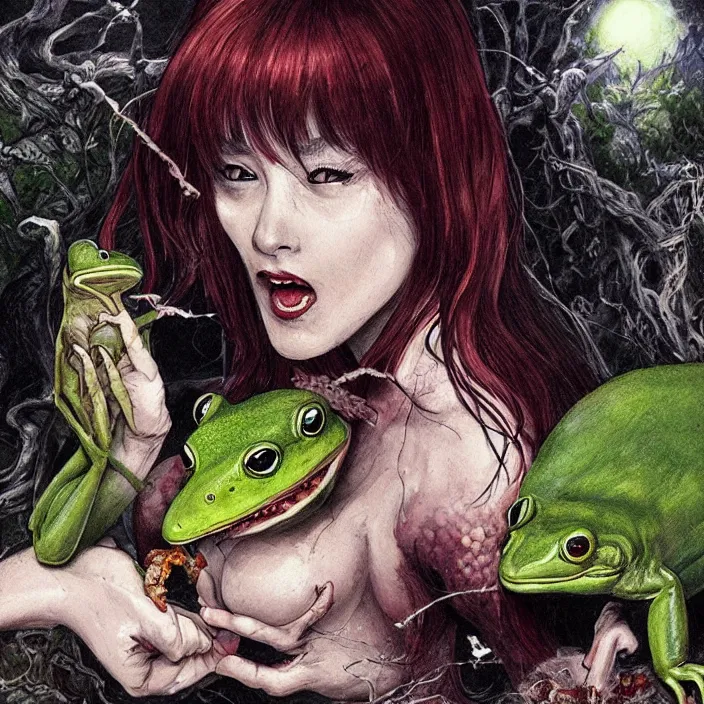 Prompt: portrait of Carnivore godlike fairy eating a frog alive, Junji Ito and Greg rutkowski