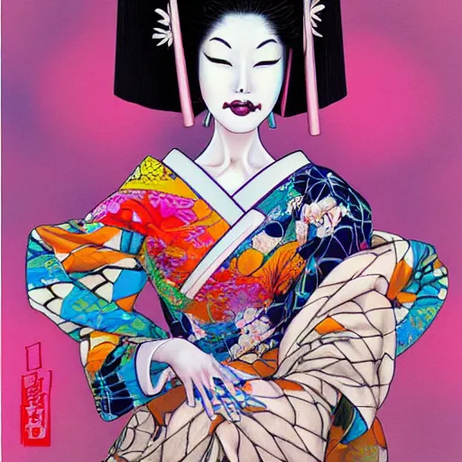 Prompt: colorful illustration of geisha, by hajime sorayama and james jean and junji ito