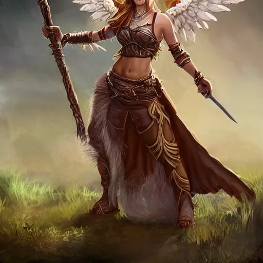 Image similar to tiefling female with angel wings stands with her spear, her young owlbear companion by her side, slight smile, D&D, HD, HDR, Highly detailed, pathfinder,