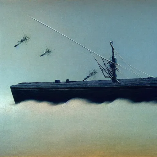 Image similar to a gunboat by Zdzisław Beksiński, oil on canvas