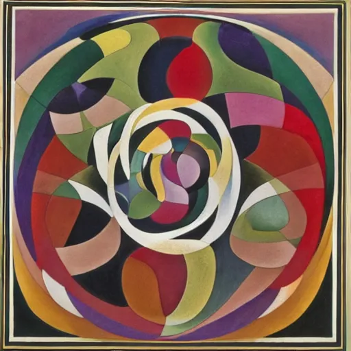 Prompt: a lost work of genius, a beautiful composition of incredibly profound symbolic art, centred, expressing the form of the formless, wondrous, benign and numinous, looking at it lightens the soul, poetic, being-in-itself, by M. C. Escher and by Hilma af Klint and by Wassily Kandinsky and by Henri Rousseau and by Cruella de Vil
