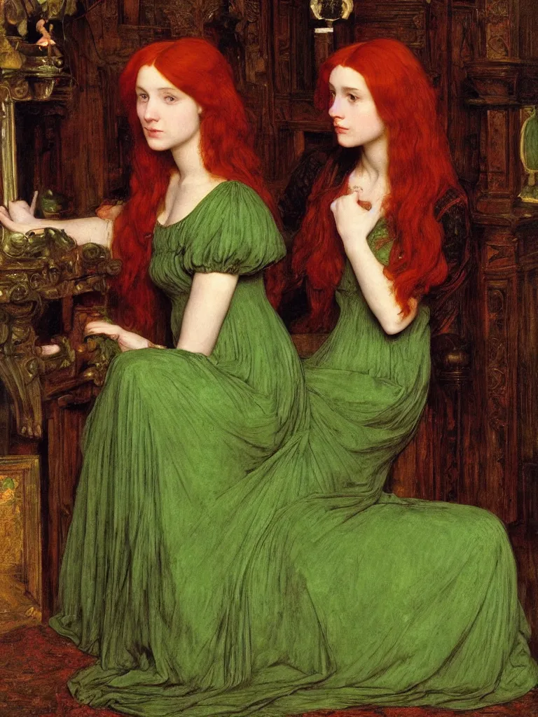 Image similar to portrait of one beautiful young woman with flowing red hair, green dress, interior of a medieval living room, pre-raphaelite, backlit, by Waterhouse, by Millais