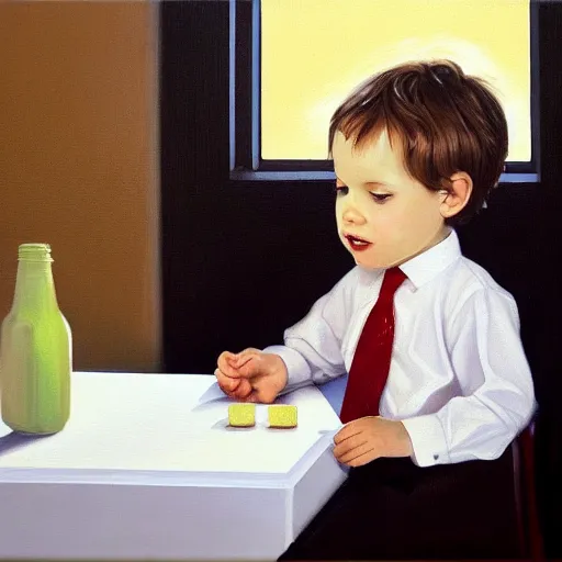 Prompt: A toddler in a suit and tie, tired, looking groggy, business attire, young child, cute face, little boy office worker, apple juice is on the table in a glass, the sun is peaking through a window, dawn lighting, orange tint, long shadows, oil on canvas, classical oil painting in the style of realism, high quality award winning artwork, expressive colors, dramatic lighting, professionally designed