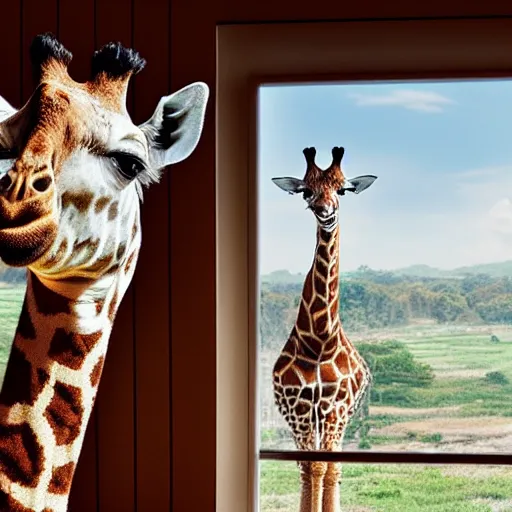 Prompt: foreground, giraffe girl. she has a very long neck and is fluffy. wool. beautiful attire. she looks in the windows. on the 3 rd floor. hyper - realistic photo. fantasy