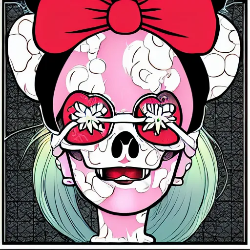 Image similar to anime manga skull portrait girl face minnie mouse detailed highres 4k Mucha and James Jean pop art nouveau