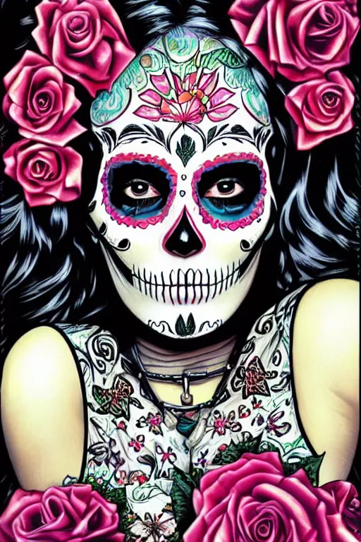 Image similar to Illustration of a sugar skull day of the dead girl, art by Mark Brooks